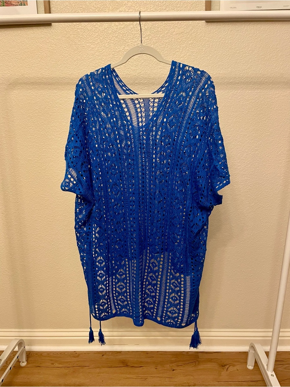 Amazon Cobalt Blue Crochet Kaftan Swim Coverup with Tassels